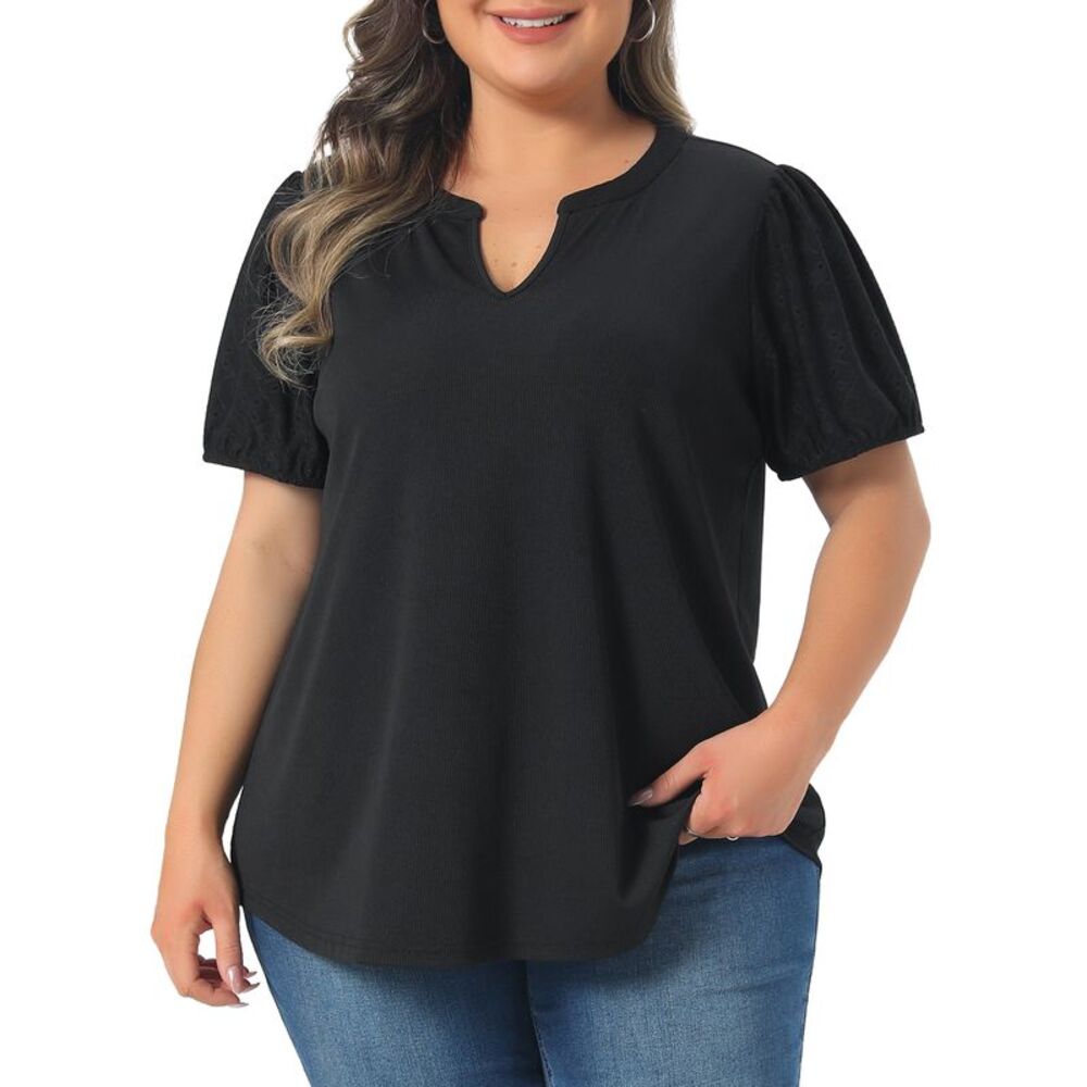 Women Plus Size V Neck Puff Short Sleeve Dressy Casual Blouse Black